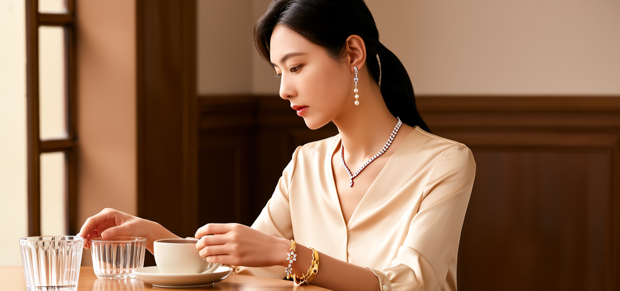 生活瞬间，美女，韩系美女，丝绸，美妆广告，家庭餐桌，4K超清，写实风格，温馨，柔和室内光，细腻皮肤，项链，耳环，手链。